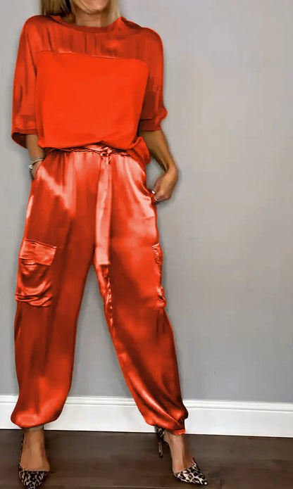 Glossy Satin Half-Sleeved Two-Piece Set