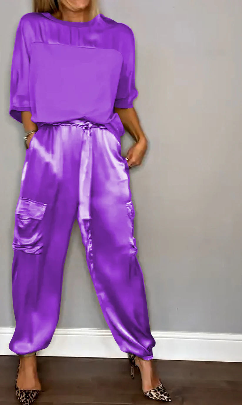 Glossy Satin Half-Sleeved Two-Piece Set